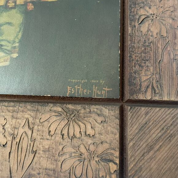 Antique Print 1903 Esther Hunt Chinese Girl Set Original Wood Frame Carved - Picture 8 of 13